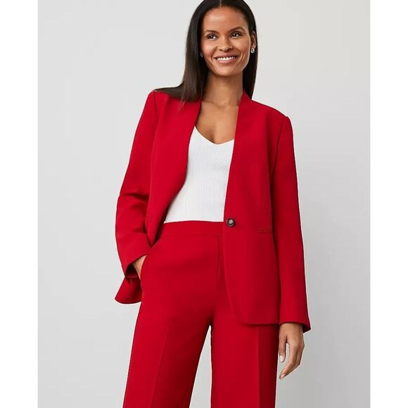 Ann Taylor Womens 10 Red The Cutaway Blazer in Fluid Crepe One Button Collarless - Picture 1 of 14